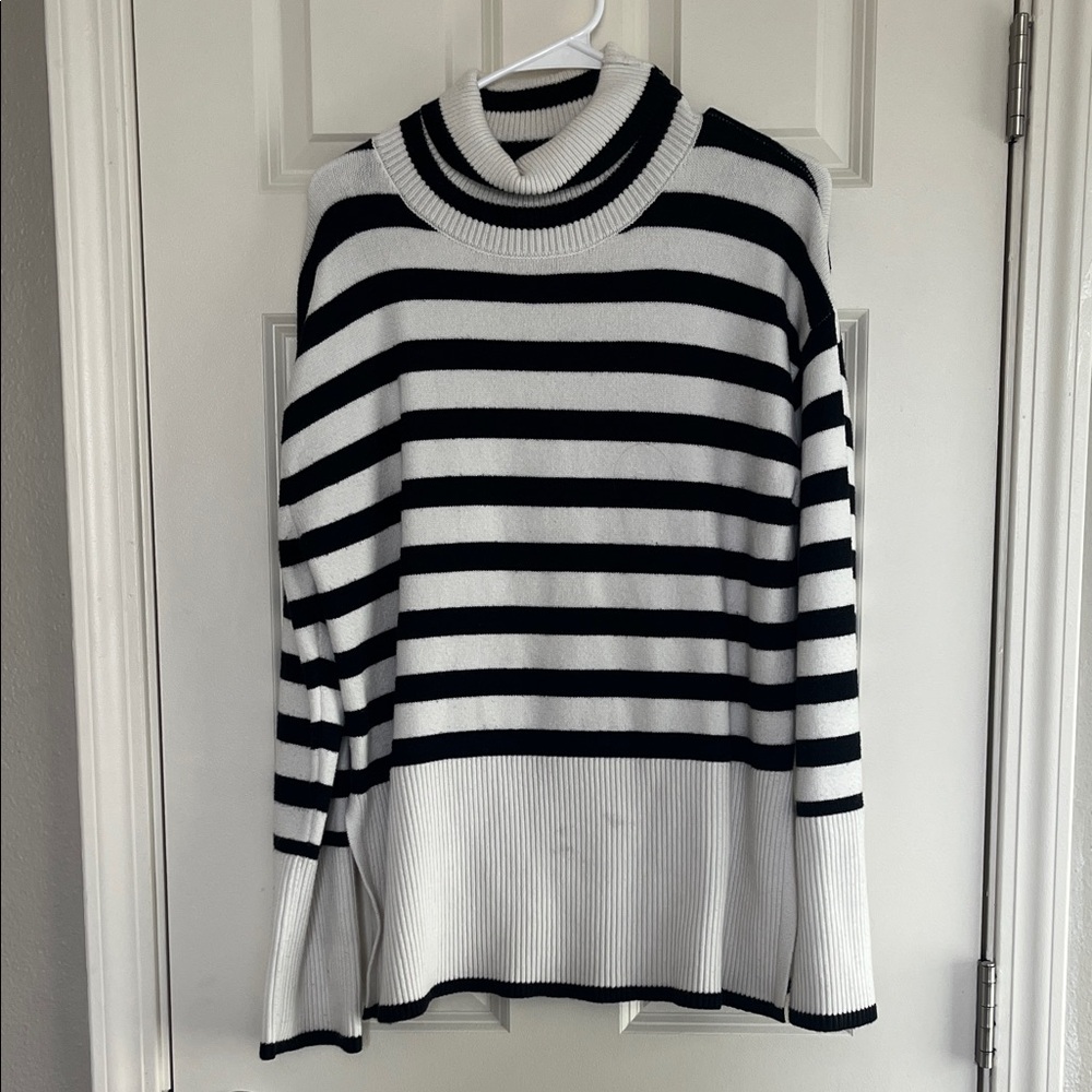 Amazon Women's Black and White Striped Turtleneck Sweater